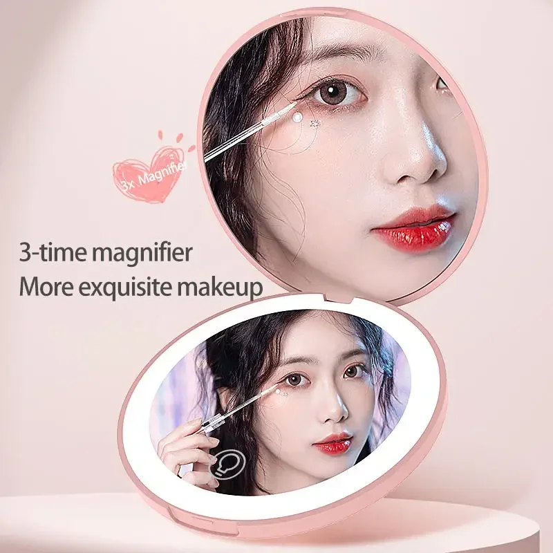 Alta qualidade compacto usb recarregável led espelho de maquiagem redondo cosméticos espelho 3x ampliar mini espelhos de viagem para presente