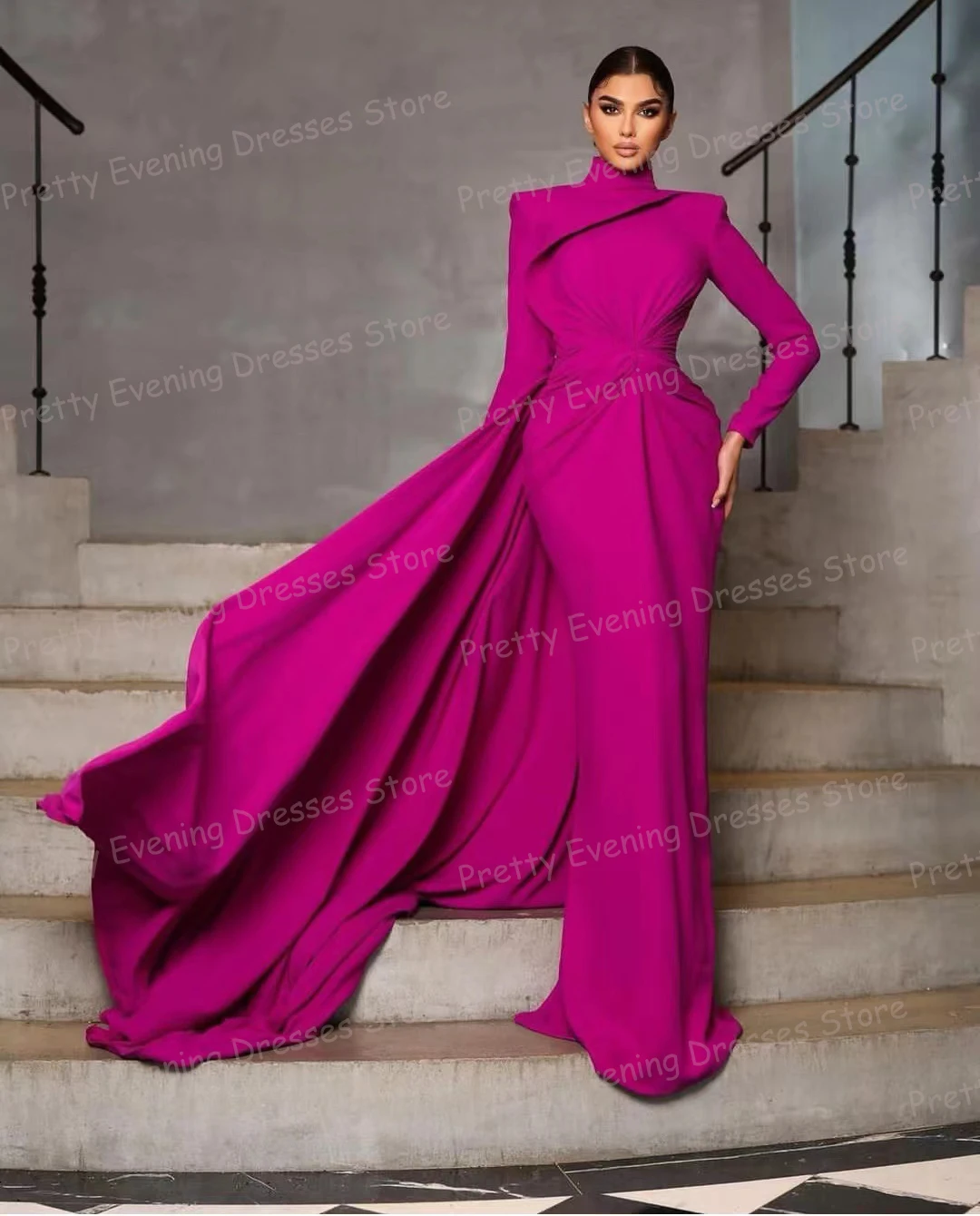 Luxury Pink Evening Dresses Mermaid Woman's Sexy Hollow Pleat Long Sleeve Satin Fashion Prom Gowns Party Vestidos De Fiesta 2025