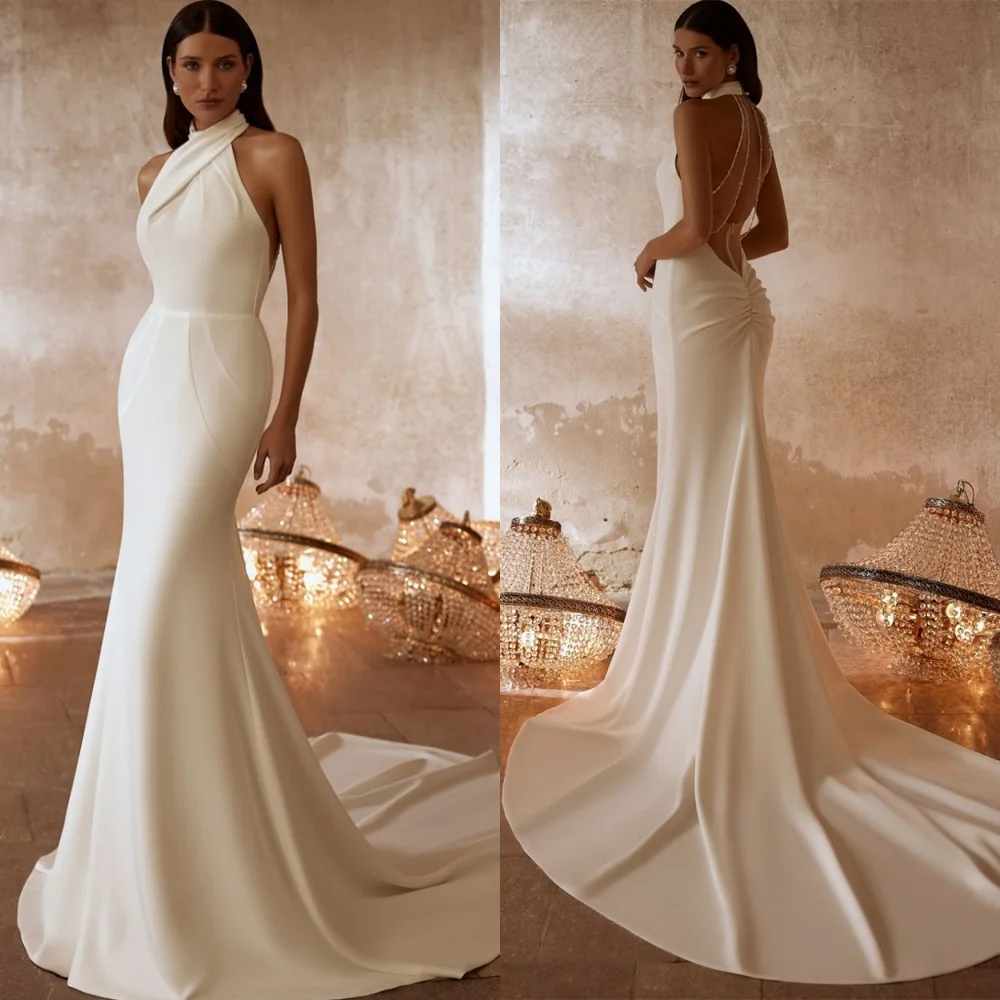 

Customized Temperament White Jersey Bridal Gowns High Quality Halter Wedding Dress Chapel Train Zipper Back Mermaid Dress
