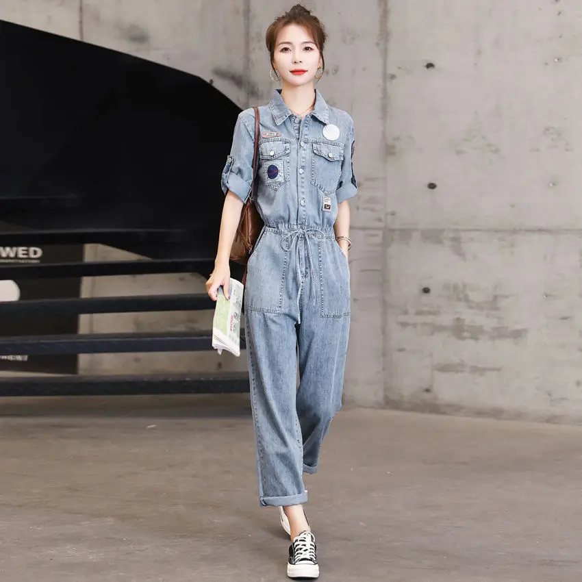 Denim Jumpsuit Women's 2022 Summer Invisible Open Crotch Fashion Waist-Controlled Workwear One-Piece Shorts Cropped Jeans Pants