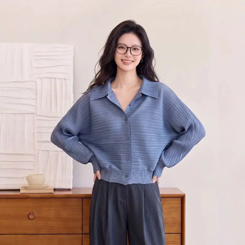 Casual Style Long Sleeve Pleated Waist-Cinching Collared Open Cardigan Batwing Sleeve Slimming Effect Women's Shirt Jacket