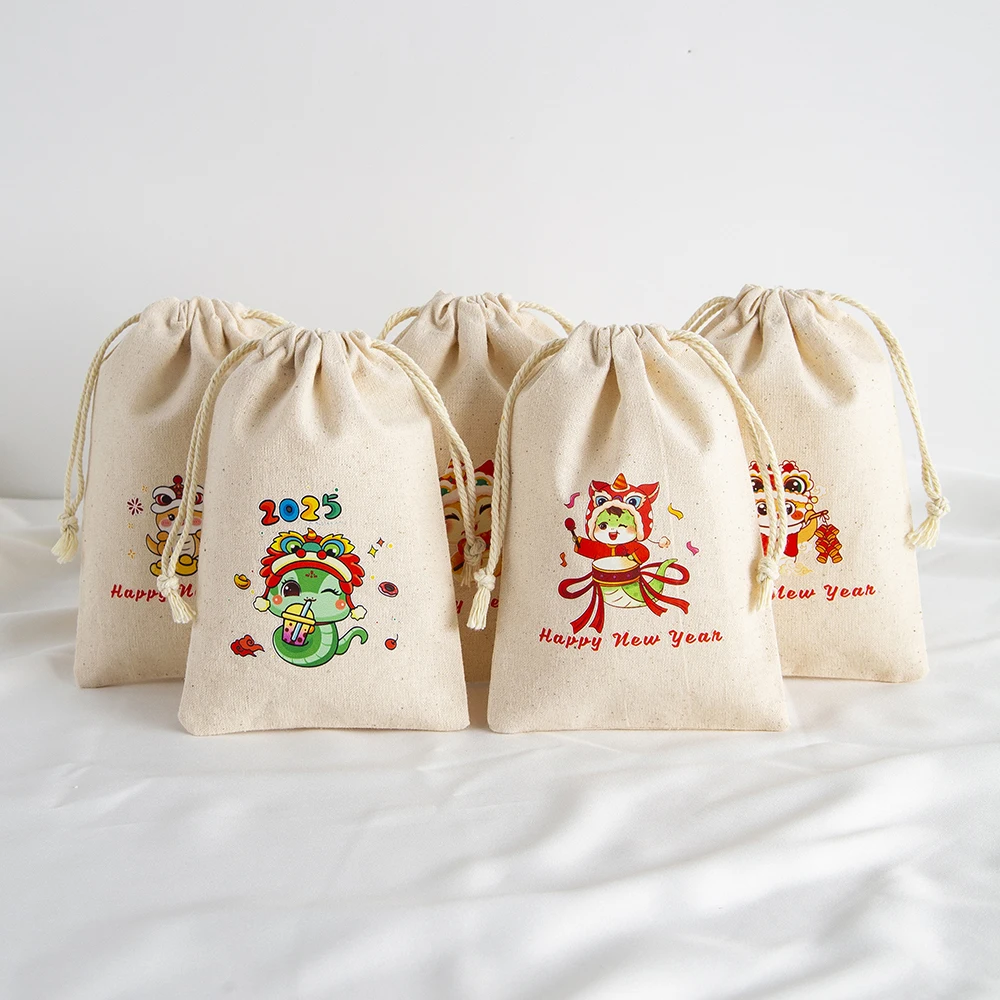 

10Pcs Jewelry Cotton Canvas Bag Muslin Jute 2025 New Snake New Year Pouches Rings Earrings Candy Sack Bracelet Pendant Organizer