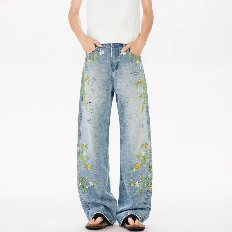 

Jeans Men's Summer Vibe American Retro Niche Design Feel Loose Casual Wash Straight Pants 2000 Y2k Clothes Rhinestones Top Jorts