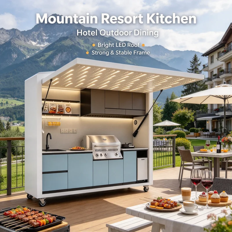 outdoor kitchen cabinets modular stainless steel BBQ station with roof and countertop designed for commercial use Custom