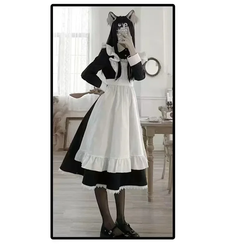 Women's Classic Lolita Maid Dress Vintage Inspired Women's Outfits Cosplay Anime Girl Black Long Sleeve Dress S-3XL