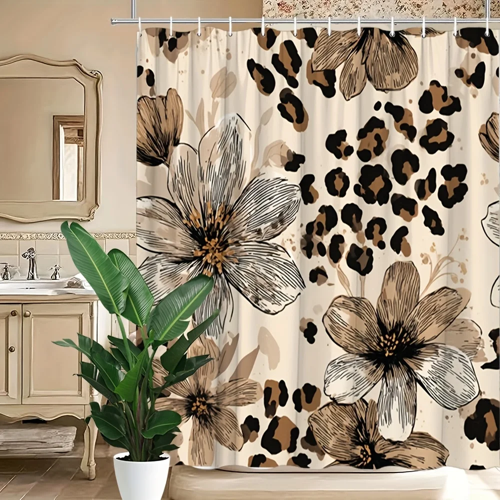 2D Flat, 1pc American Vintage Leopard Print and Floral Style Shower Curtain, 2D Flat Print Featuring Brown and Black Leopard Pri