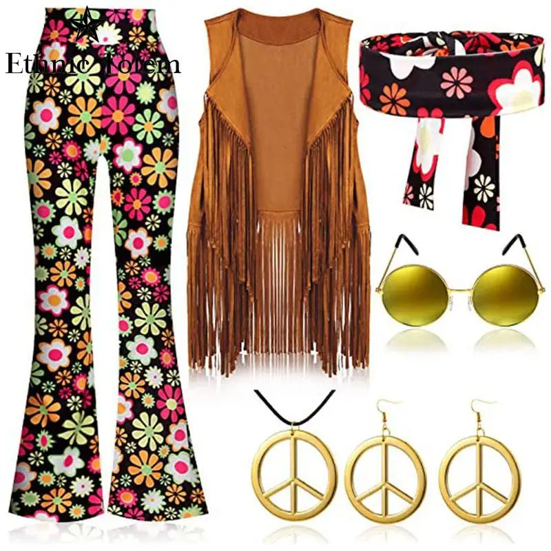 60s 70s Outfits for Women Hippie Costume Set 7 Pcs Boho Flared Pants Fringe Vest Peace Sign Earrings Necklaces Accessories Set