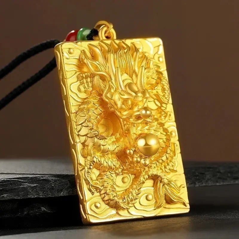 GoldEclat  9999 24K Real Gold Dragon Necklace Pendant with Powerful and Coarse Fabric Pattern Dragon Chain Head Necklacegift
