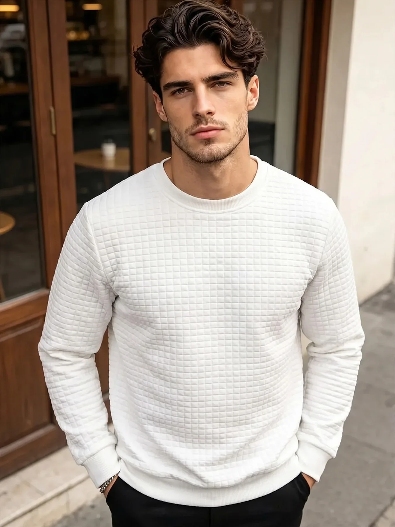 Men's 2 Pack Waffle Grid Sweatshirt Textured Quilted Crew Neck Pullover Long Sleeve Ribbed Cuffs Casual Comfortable Tops