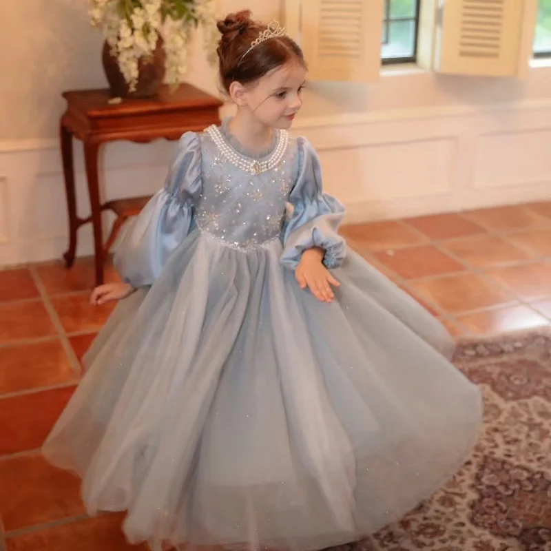 

Girls Autumn and Winter New Princess Dress Children's Dress Puff Sleeve Mesh Elegant Formal Dress with Necklace