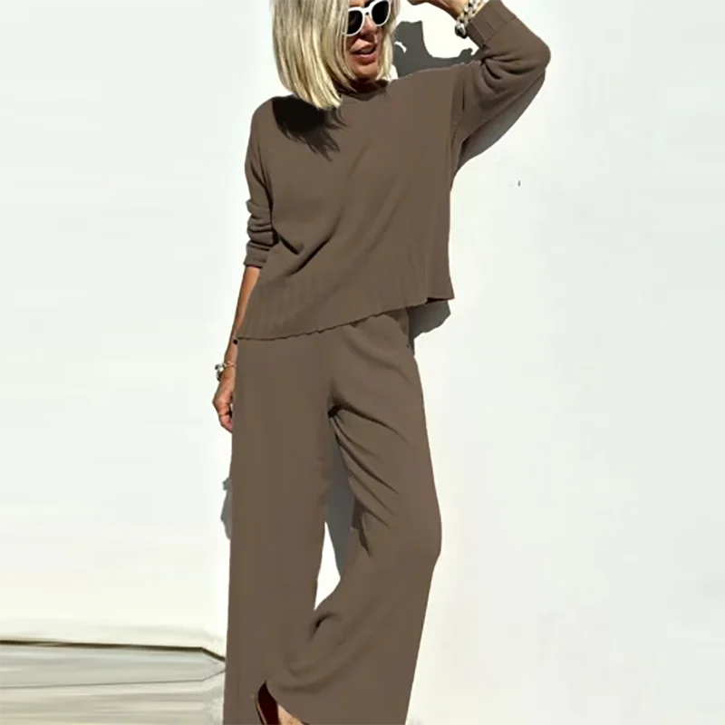 Fashion Solid O-Neck Long Sleeve Pullover&Straight Pants Suits Women's Temperament Outfit 2025 New Spring Knitted Two Piece Set