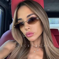 Luxury Polygon Sunglasses for Women Hipster Irregular Rimless Sunglasses Ladies Small Metal Frame Vintage Rhombus Eyewear Brown