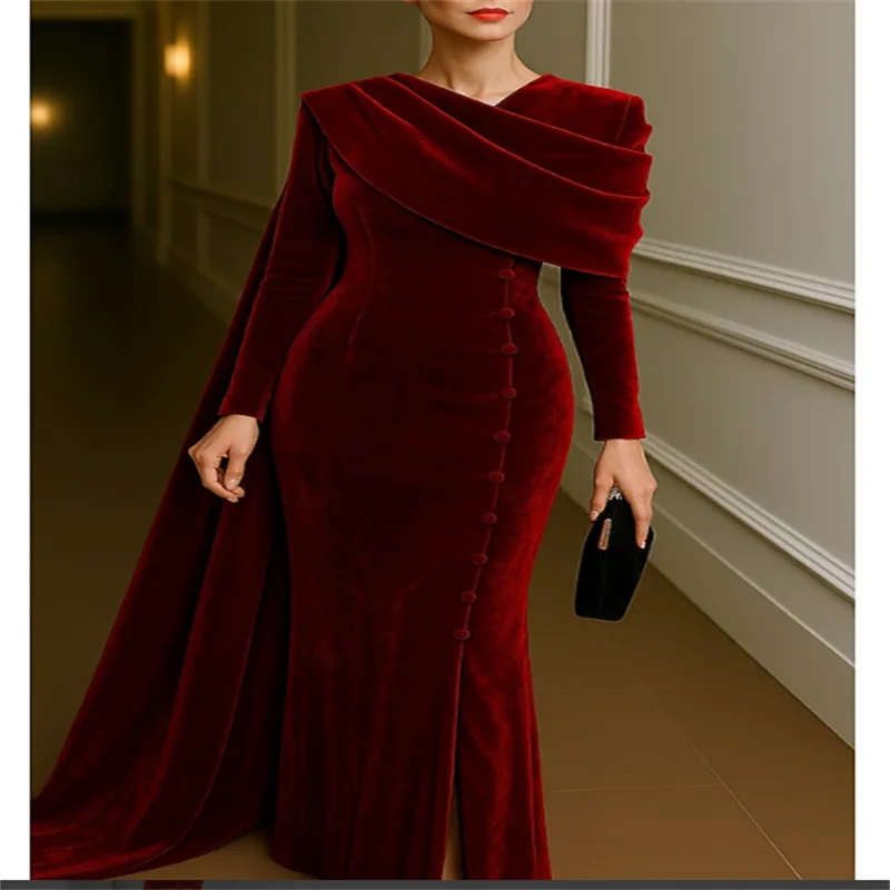 Burgundy Blue Column Evening Gown Elegant Dress Formal Wedding Floor Length Long Sleeve Stand Collar Velvet with Pleats 2025