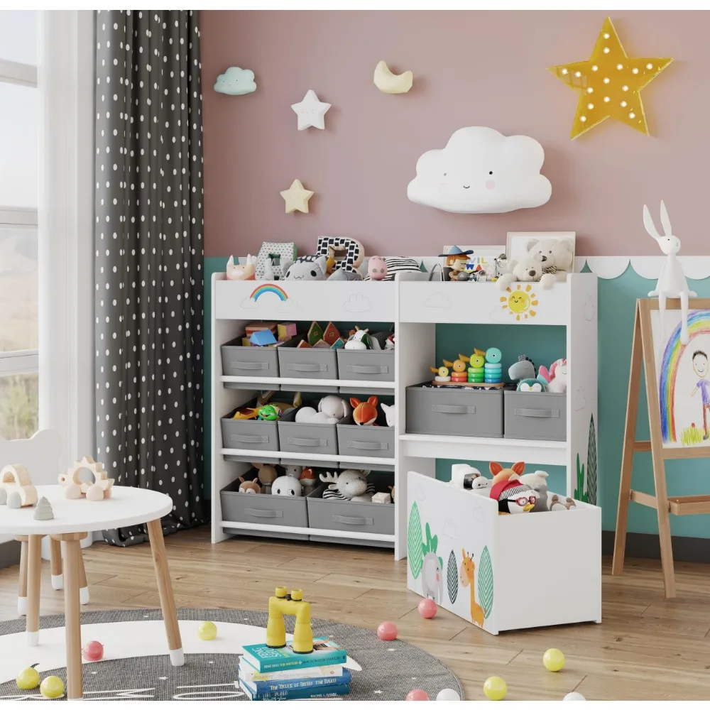 Toy Storage Cabinet, Kids Bookshelf with 10 Fabric Bins and Movable Toy Chest, Toy Storage Organizer for Playroom