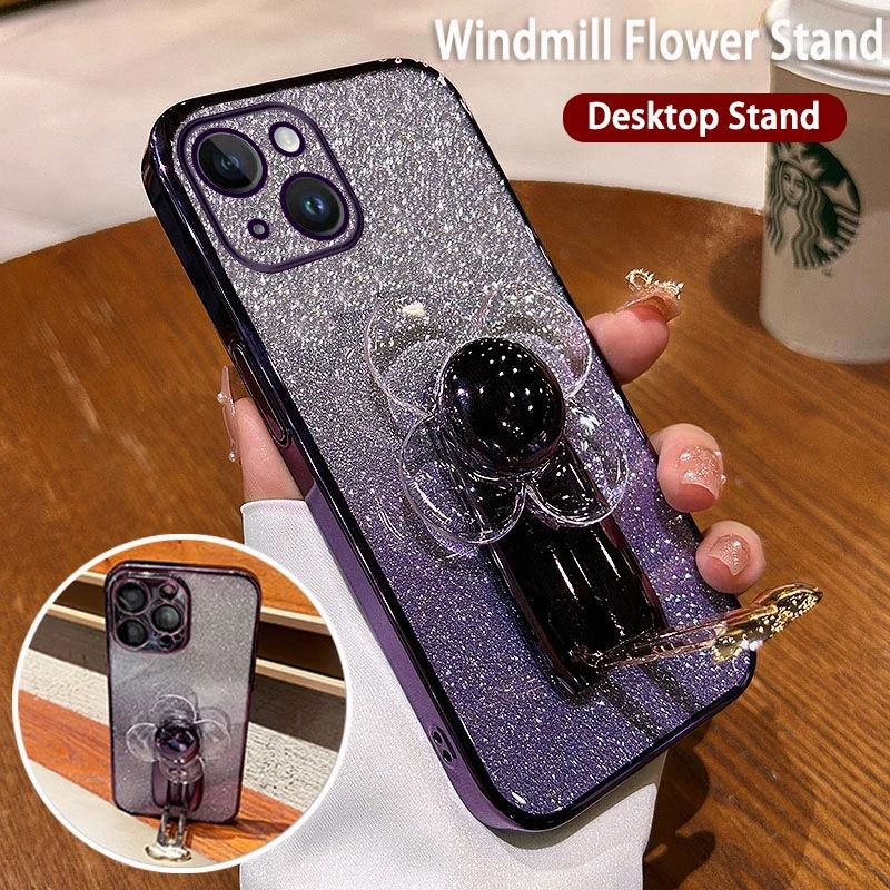 Windmill Plating Phone Holder Case For iPhone 14 11 15 12 13 Pro Max 13 12 Mini 8 7 6 6S Plus XS Max X XR XS Cover