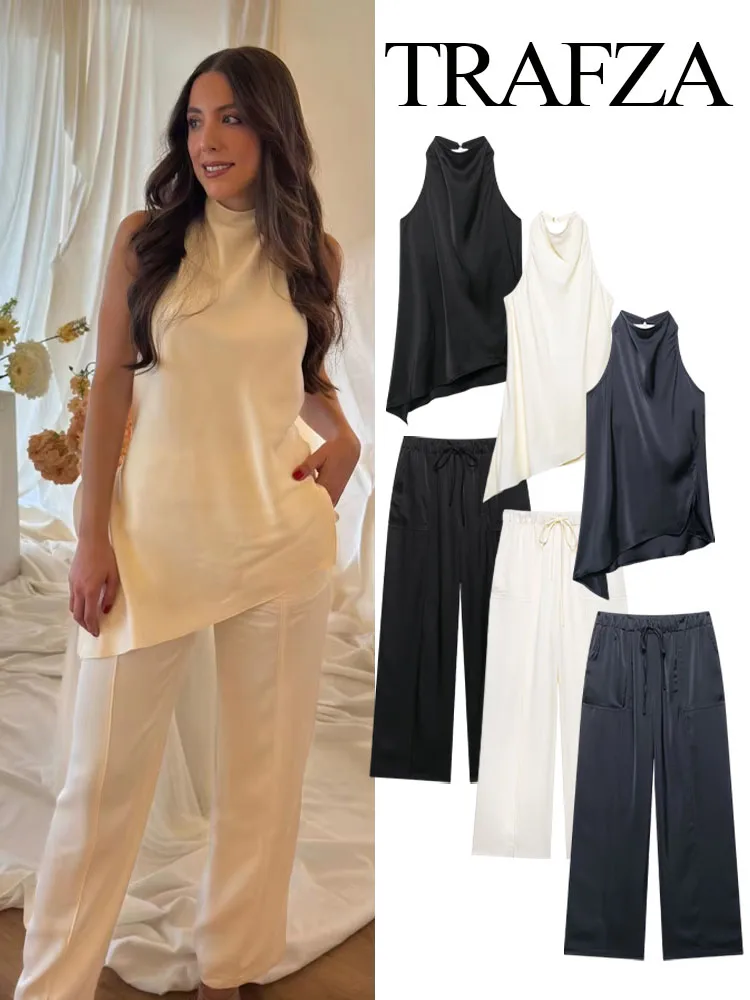 

TRAFZA Women's Fashion Suit Beige Sleeveless Backless Decoration Tops+High Waist Drawstring Long Pants Female Summer Casual Sets