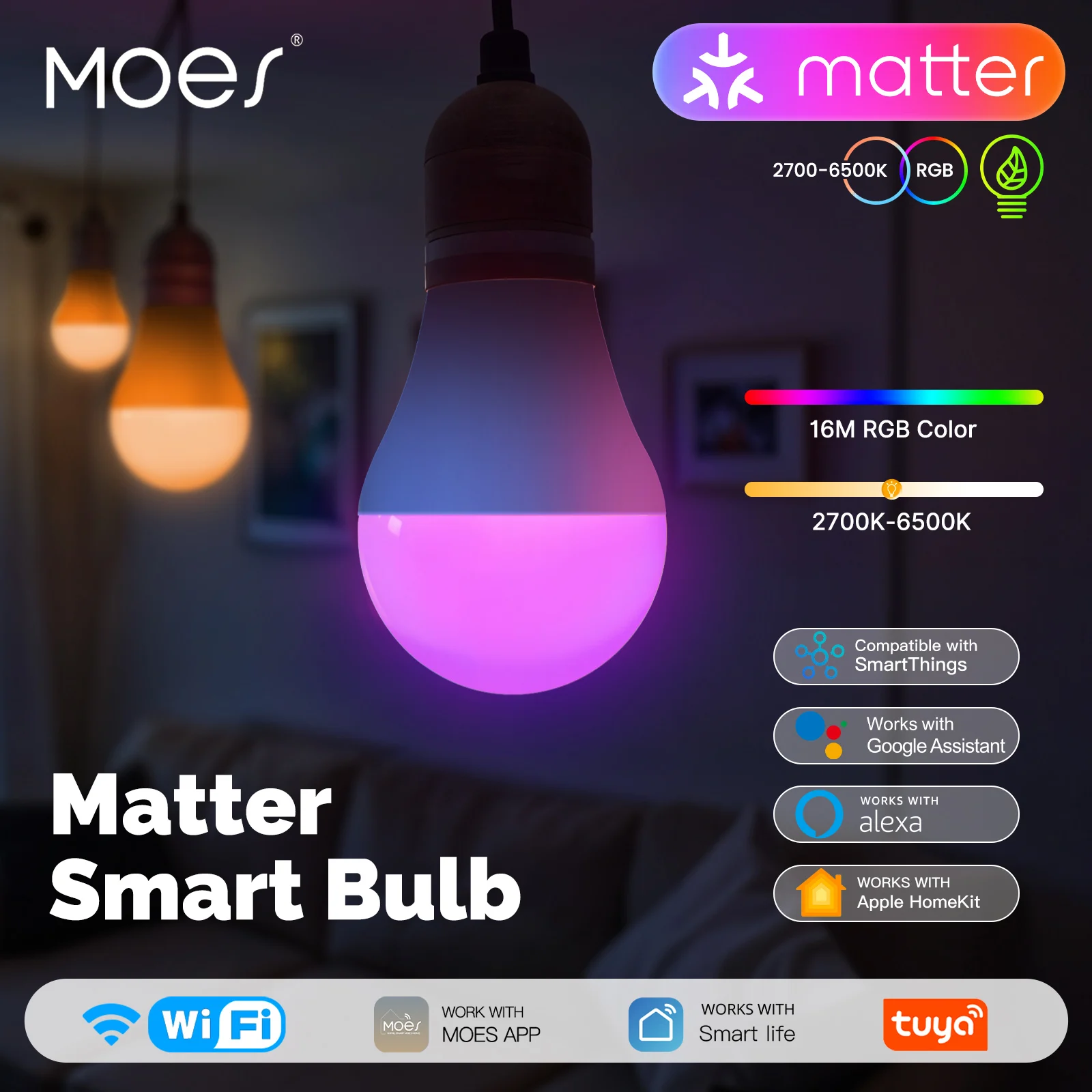 

MATTER Smart WIFI LED Bulb Dimmable 14W 2700K-6500K RGB C+W E27 Color Shifting Works with Alexa Google Tuya Smart App Control