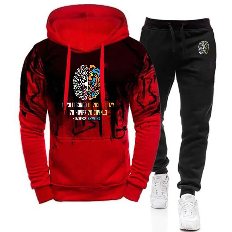 2025 Spring And Autumn Funny Brain Power Print Men's New Gradient Color Set Hoodie+Casual Sweatpant Two-piece Suit