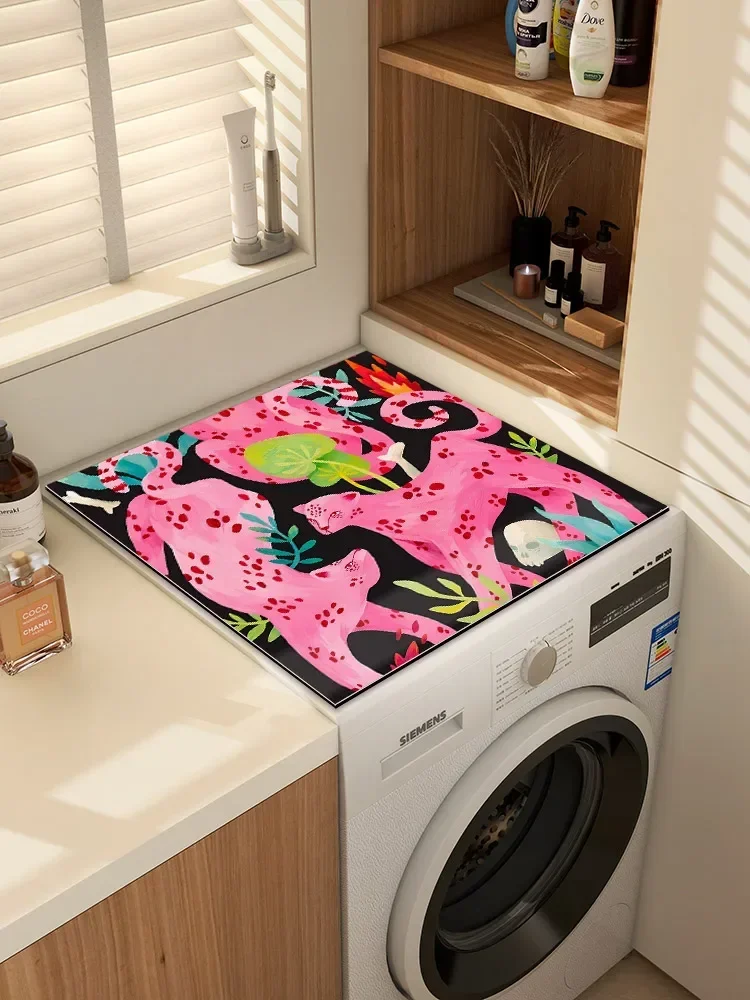VIKAMA Pink Leopard Floral Washing Machine Top Mat Tropical Plant Print Waterproof Anti Dust Laundry Dryer Surface Pad