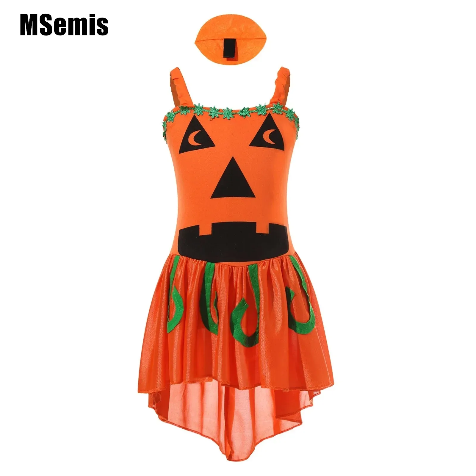 

Kids Girls Pumpkin Witch Dress Halloween Costume Sleeveless Sketch Specter Print Pumpkin with Hairpin Headwear Dress Up Costume