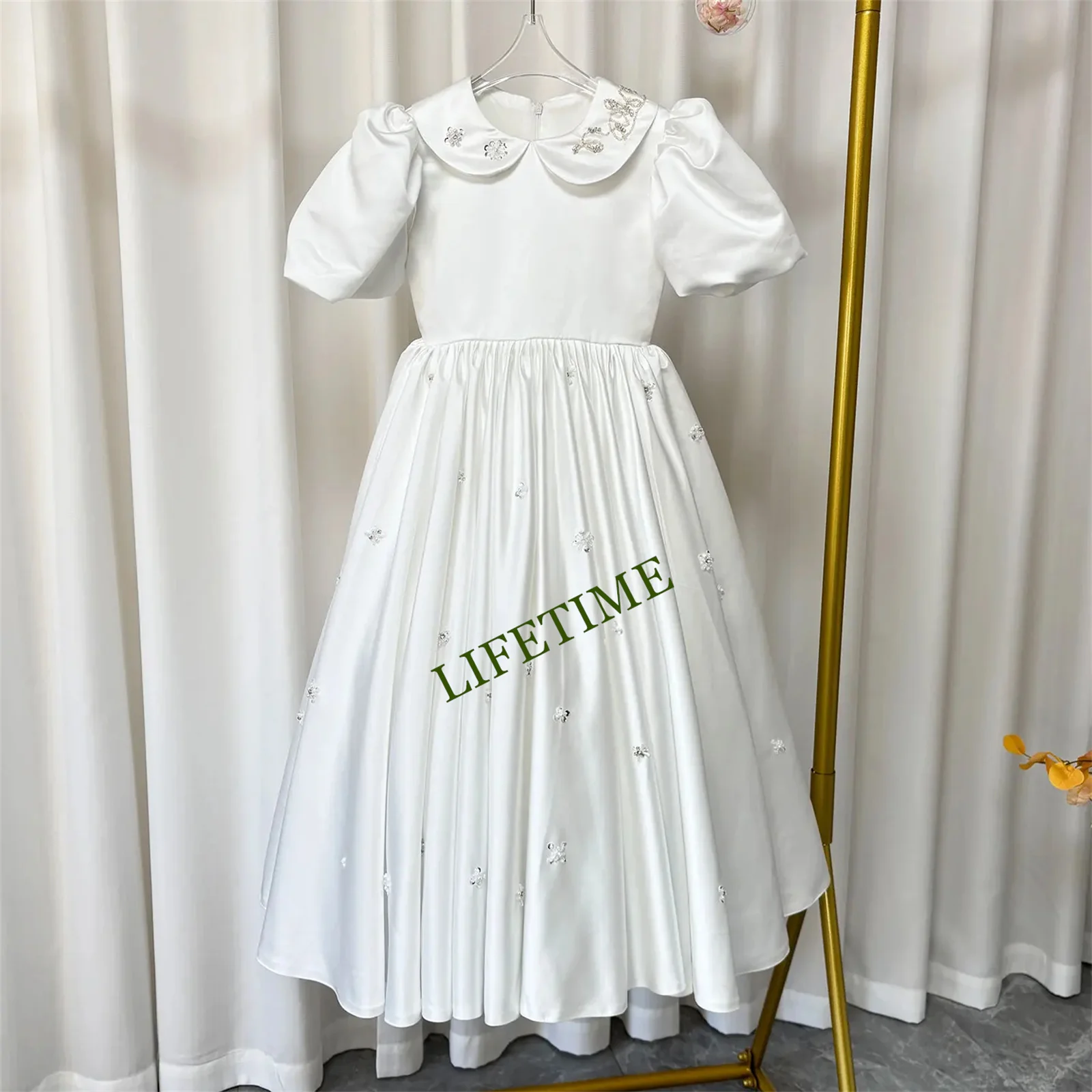 반짝이는 실버 무릎 길이 소녀 드레스 긴 소매 공주 어린이 생일 웨딩 파티 미인 대회 공 가운