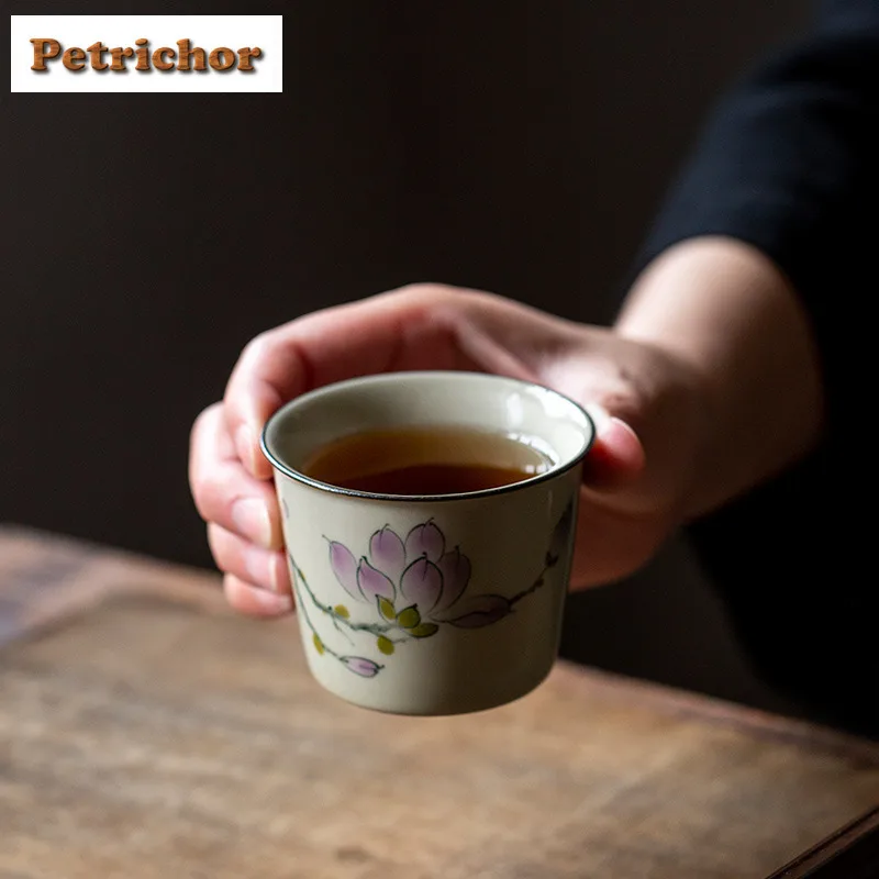 120 مللي مرسومة باليد ماغنوليا زهرة النبات الرماد فنجان الشاي زن وعاء الشاي كوب للشاي الشاي تذوق رائحة كوب Jianzhan ماستر أكواب تشا