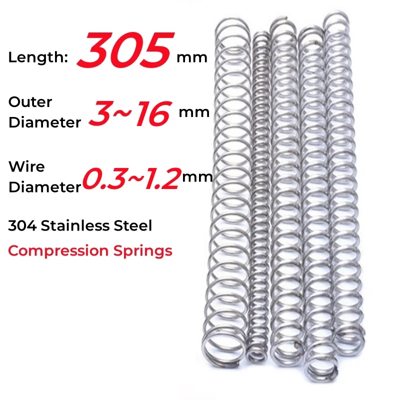 304 Stainless Steel Long Compression Spring Wire Diameter 0.3~1.2mm Outer Diameter 3~16mm Y-Shaped Pressure Springs Length 305mm