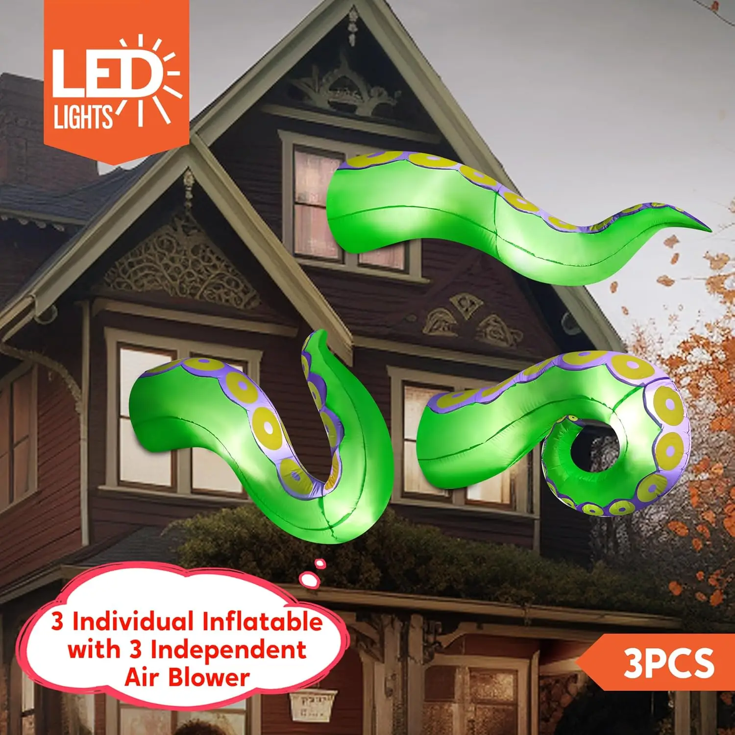 Halloween Inflatables Green Octopus Tentacle Outdoor Decorations, 3 Pcs Lighted Blow Up Octopus Tentacles with Built-in LEDs for Halloween Window, Yard, Party Decor Outside