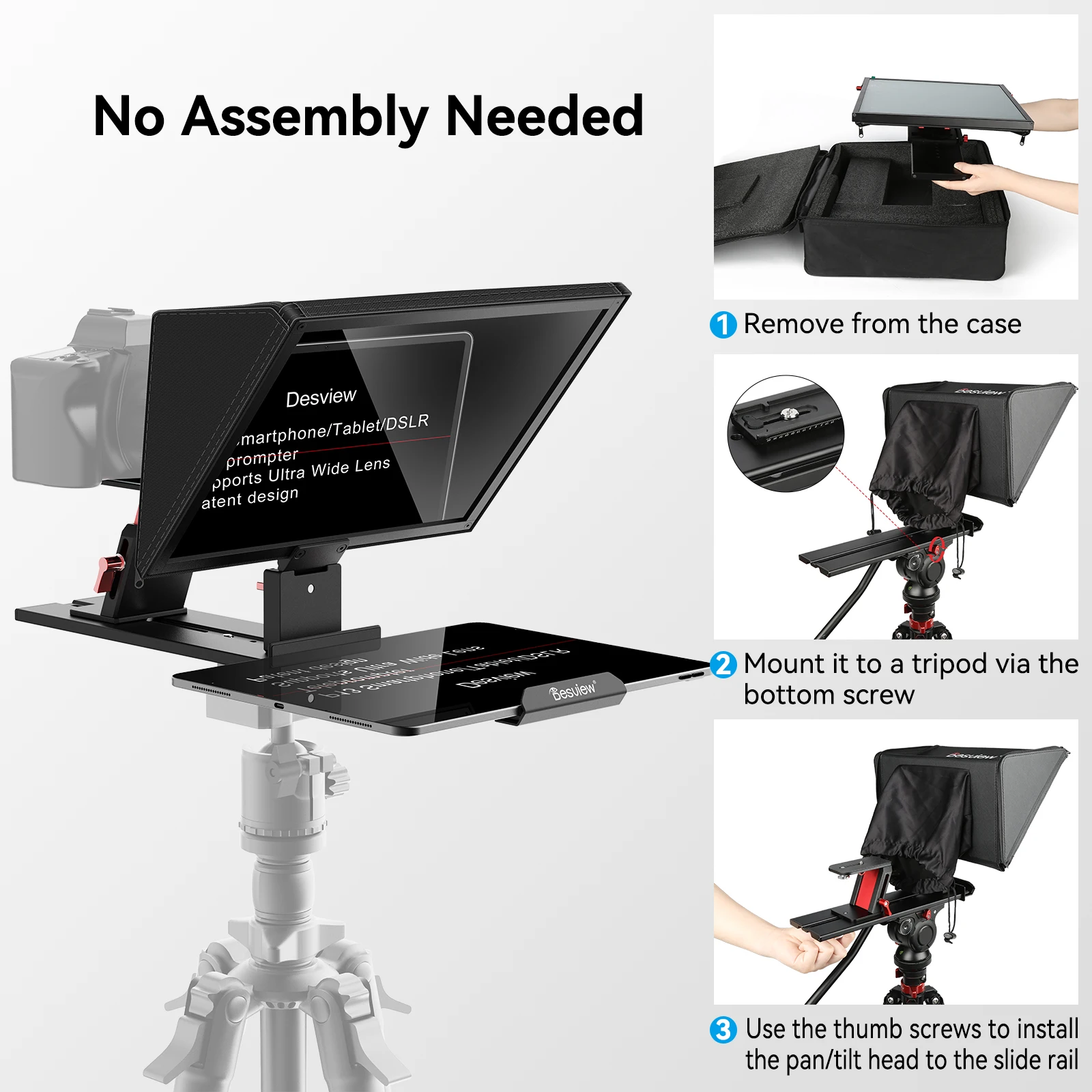 Teleprompter Desview P13 de 13 Polegadas em Liga de Alumínio Compatível com iPad, Tablet, Celular e DSLR, Design Sem Montagem para Gravação de Vídeo