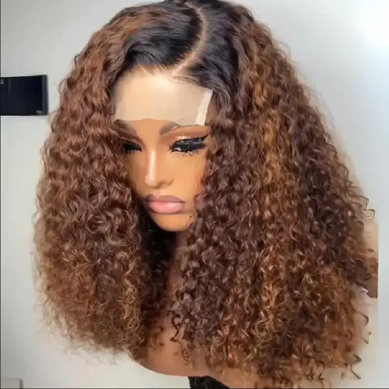 Kinky Curly Lace Front Wig para mulheres negras, cabelo do bebê, pré-arrancadas, macio, marrom Ombre, resistente ao calor, 180 Densidade, 26"