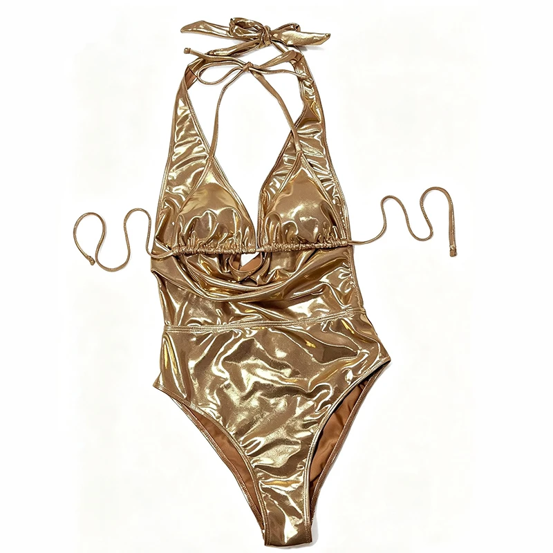 Sexy Brozing Gold One Piece Swimsuit 2026 Women Ruffles V Neck Backless Slim Tummy Control Swimwear Beach Holiday Bathing Suits