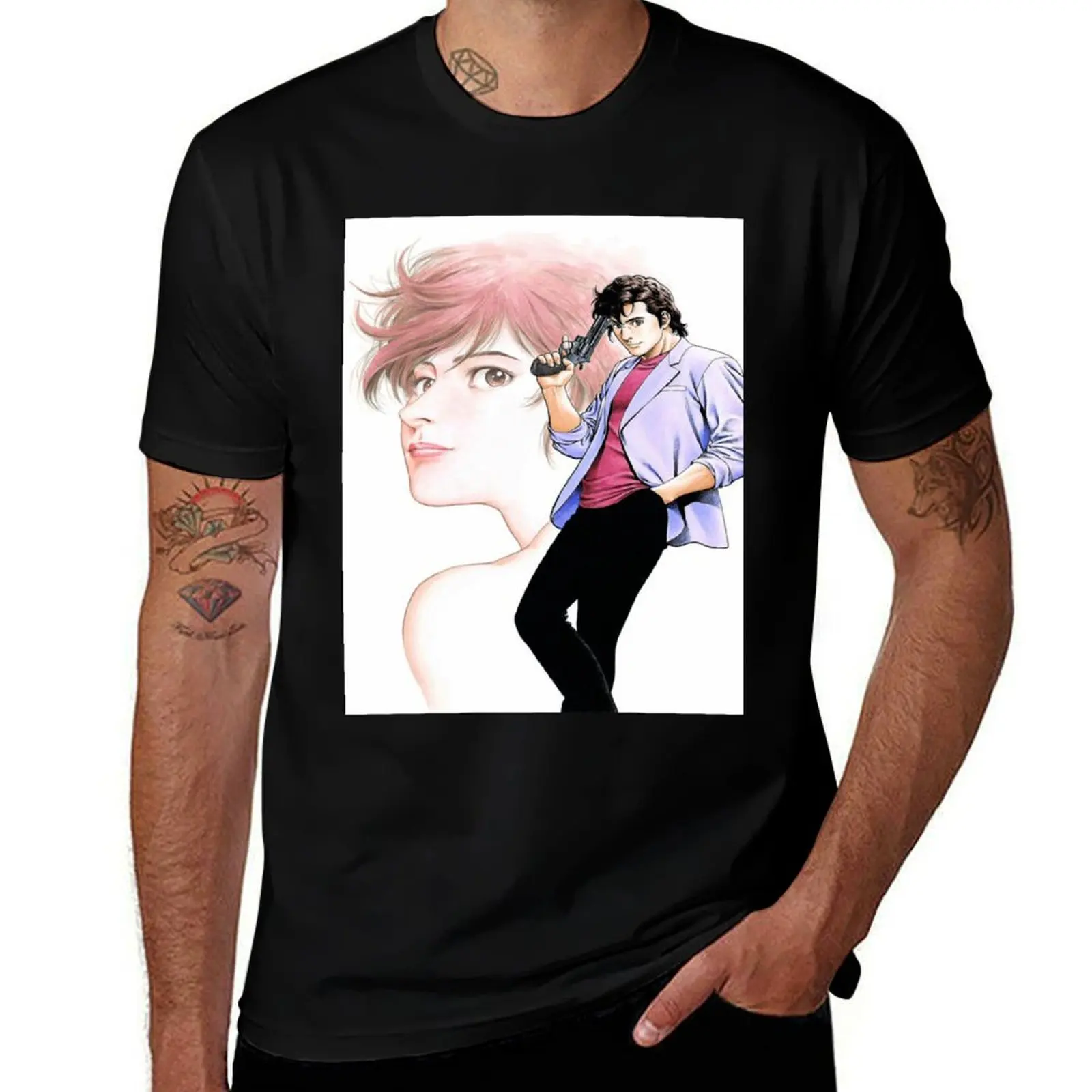 

City Hunter (Nicky Larson) - Ryo Saeba & Kaori T-Shirt Big and Tall Solid Color T-Shirt