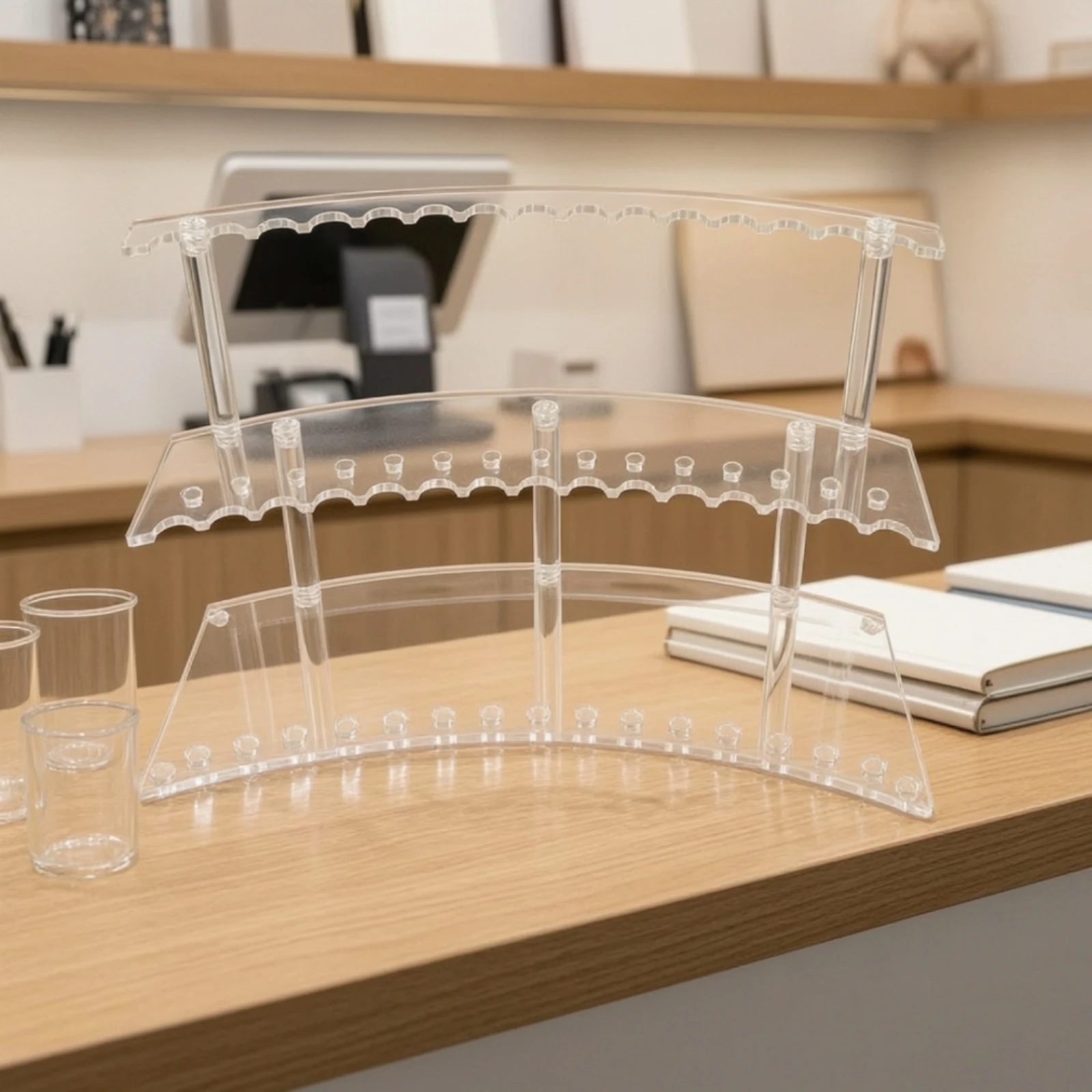 Acrylic Pen Display Rack Transparent Stepped Desk Organizer with Circular Holders Three-Tier Marker Organizer Tiered for Artists