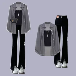 Women's Summer Vintage Chiffon Sunscreen Shirt+Strap+Denim Pants 3-Piece Suit Korean Elegant Cardigan+Black Jeans Matching Set