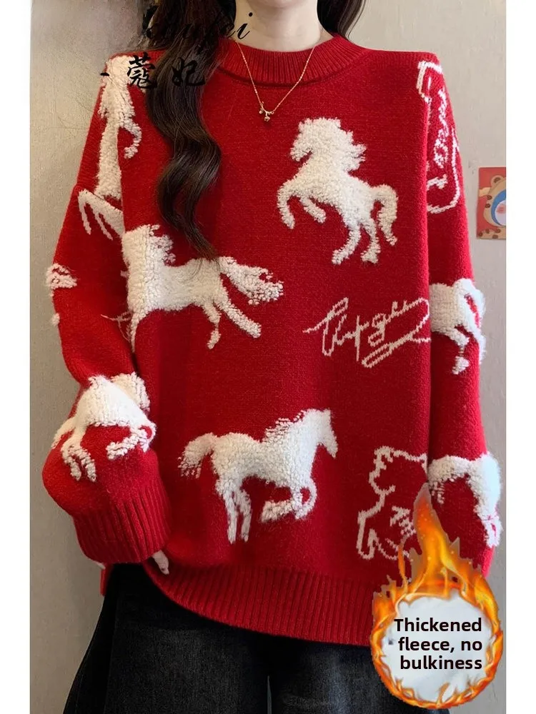 

Thiened Fce Autumn Winter Knitted Sweater for Women Mid-Length Red Color Couple Sle Traditional Chinese New Year Design
