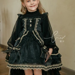 Handmade Girls Halloween Black Suspender Lolita Girl Treasure Bow Trailing Dress Flower Girls Thanksgiving Days Party Dress