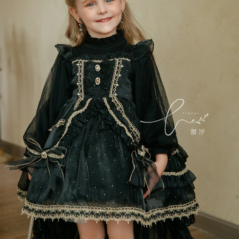 Handmade Black Halloween Lolita Dress for Girls with Suspender Treasure Bow Trailing Design Flower Girls Thanksgiving Party Outf