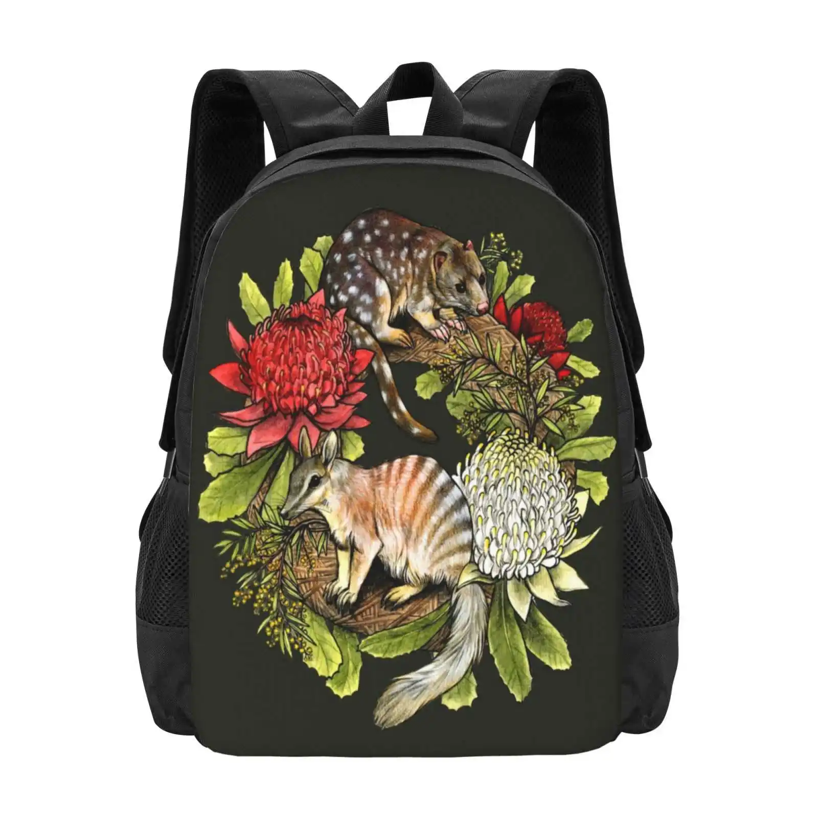 Quoll And Numbat Australian Christmas Wreath Hot Sale Schoolbag Backpack Fashion Bags Australiana Wildlife Animals Native Flora