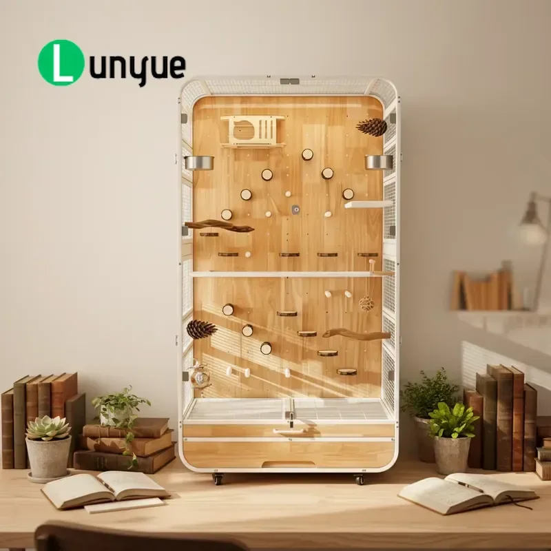 Luxury Solid Wood Bird Cage with Panoramic Glass Large Space Multi Layer Safe Closed Design for Pet Birds Home Decor