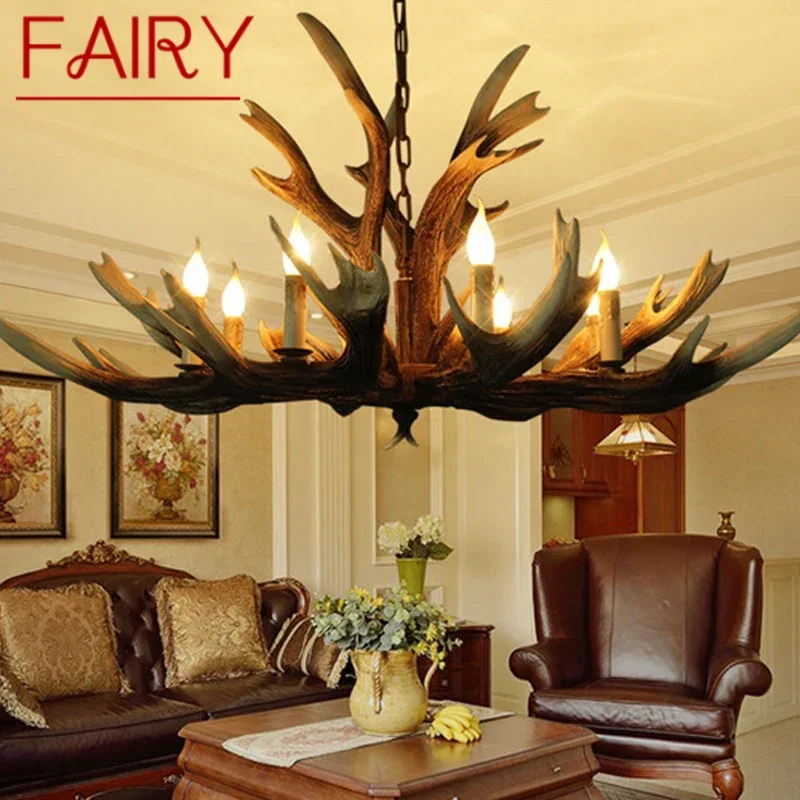 

FAIRY American Deer Antler Chandelier LED Retro Creative Living Room Restaurant Bedroom Cafe Bar Clothing Store Pendant light
