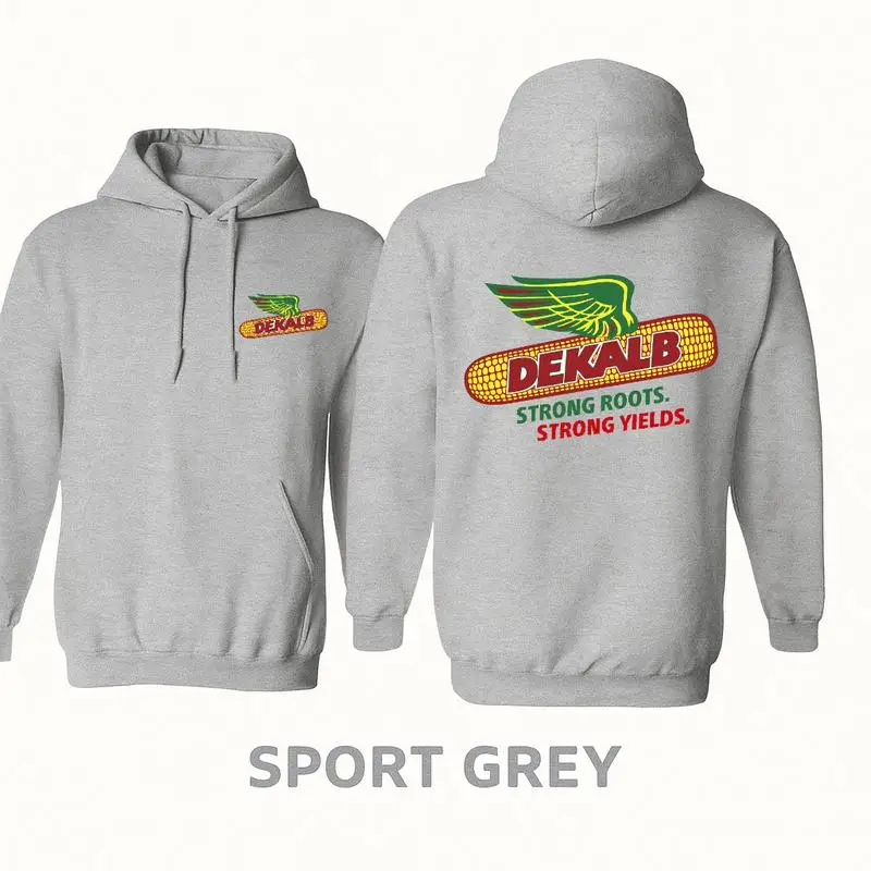

Dekalb Corn Harvest Hoodie & T-Shirt – Dual-Sided Classic Grey Vintage Farm Graphic Tee, Casual Cotton Streetwear Gift for Men