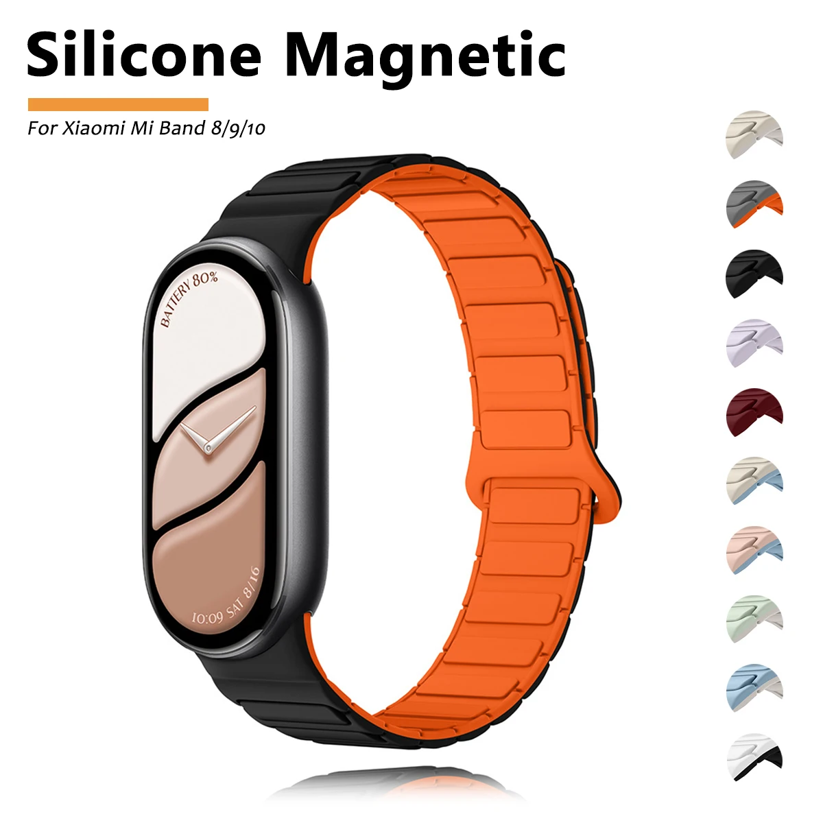 Nova pulseira esportiva de silicone para xiaomi watch 10/9/8 pulseira magnética de dois tons para miband 10 nfc smartwatch pulseira de substituição