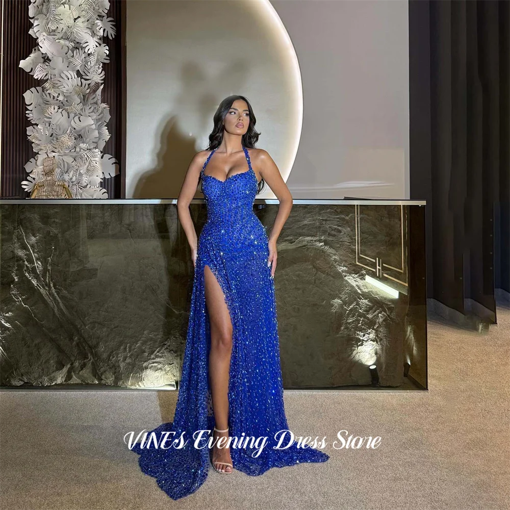 

VINES Royal Blue Halter Party Dress with Beaded Evening Dress High Thigh Slit Formal Gown Trumpet Prom Gown for Women Customized