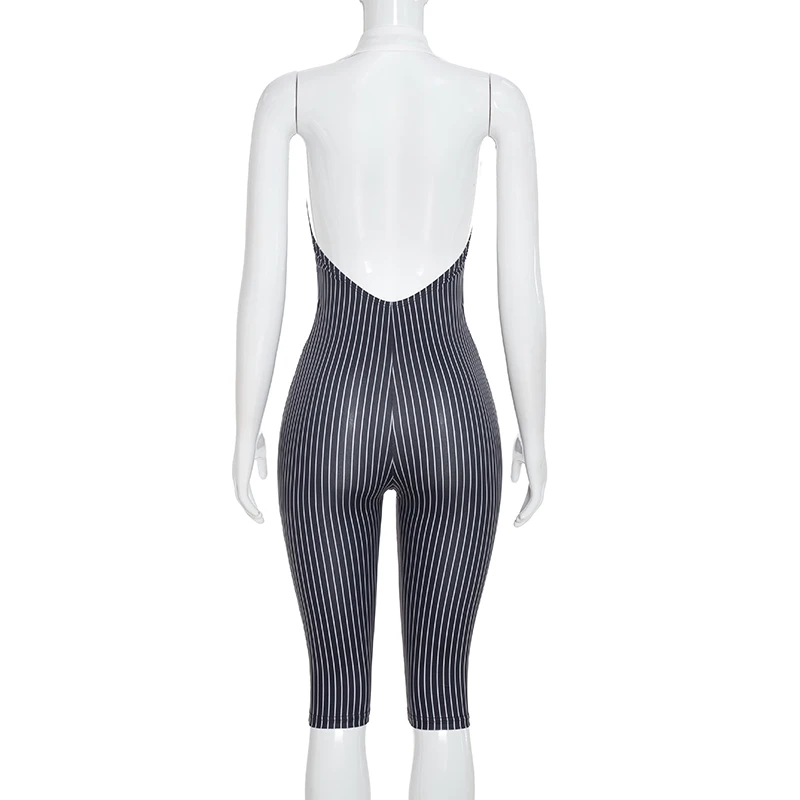 Sexy, tief ausgeschnittener, ärmelloser, rückenfreier, gestreifter, schmal geschnittener, siebenteiliger Jumpsuit – Detail 9