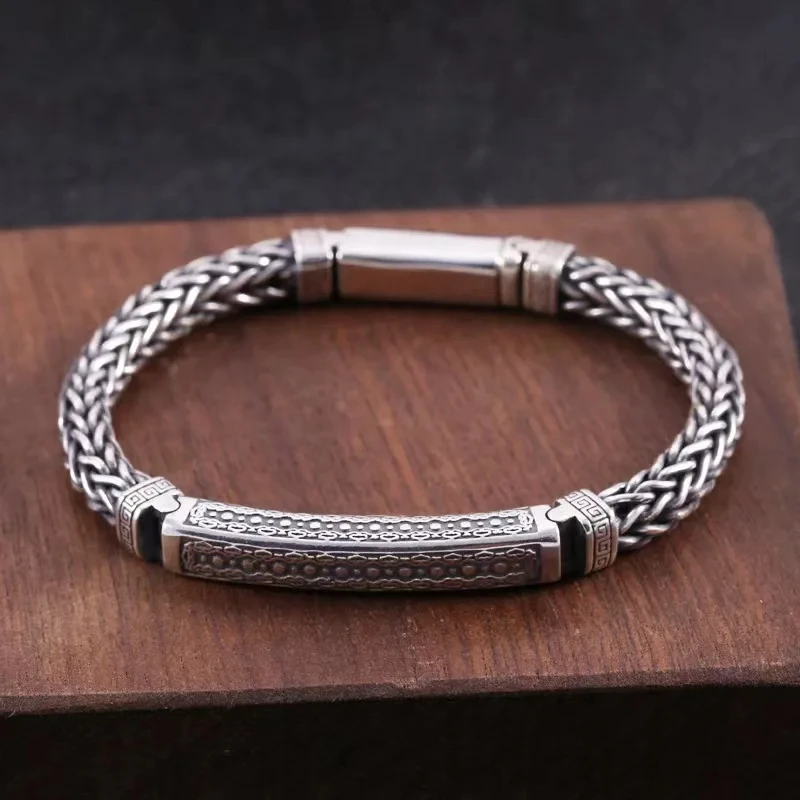 HX Silver 4mm/5mm Jewelry Men\'s Bracelet Personality Peace Pattern Retro Hipster Key Pattern Buckle Gift Accessory Chain Series