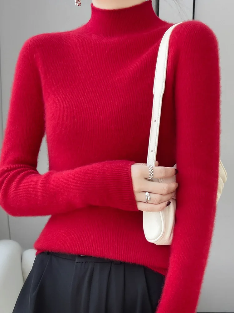 Addonee Women Sweater Autumn Winter Mock Neck Slim Pullover 100% Merino Wool Solid Cashmere Knitwear Simple Chic Jumper 2023 New