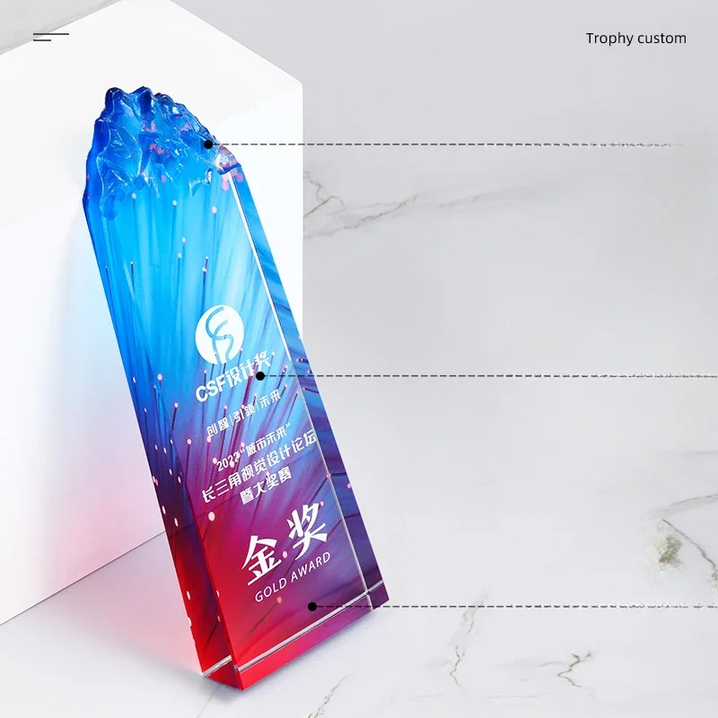 Custom Mountain Peak Crystal Trophy, High end Free Engraving Color Printing Company Annual Meeting Excellent Employee Award, 1Pc