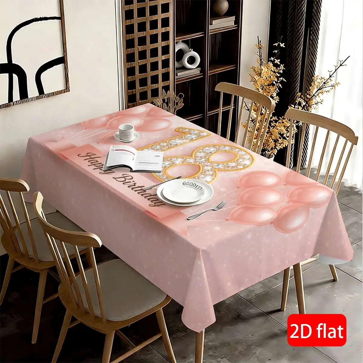 2D flat 1P pink glittering powder birthday-themed tablecloth, decorated with golden crowns and crystal numerals 18xzj