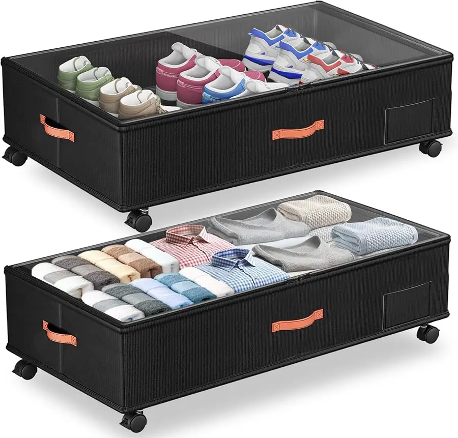 

Under Bed Storage with Wheels,2-Pack Under Bed Storage Containers with Clear Lids,XXL Large Under the Bed Storage Organizer Bins