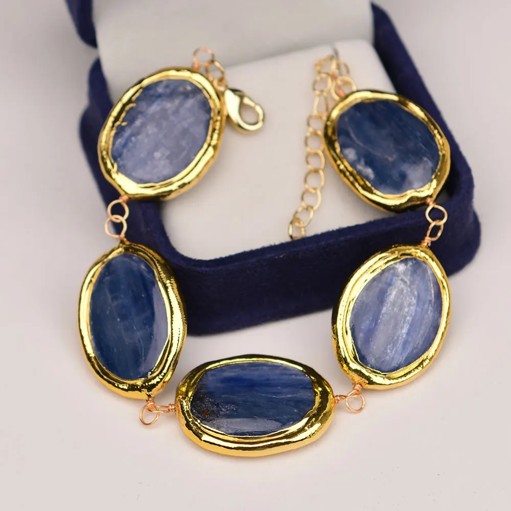 GG Natural Blue Kyanite Stone Oval Shape Quartz Gold Plated Bracelet Earrings Sets Lady Jewelry Gifts